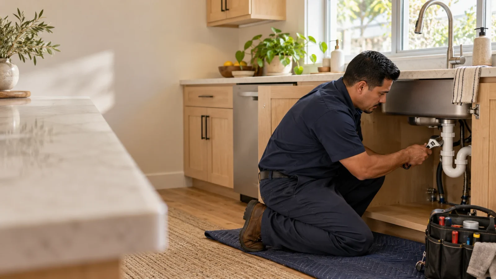 Illustrative plumber inspecting the supply and drain connections beneath a kitchen sink